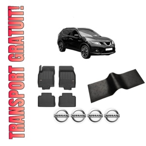 Set 5 covorase auto NISSAN X-TRAIL III (T32_, T32R, T32RR) din 2014-2015, cu covoras tunel median, presuri auto din cauciuc, 4x Stickere auto cu NISSAN