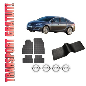 Set 5 covorase auto OPEL ASTRA J Saloon din 2018-2024, cu covoras tunel median, presuri auto din cauciuc, 4x Stickere auto cu OPEL