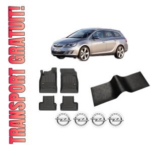 Set 5 covorase auto OPEL ASTRA J Sports Tourer (P10) din 2016-2021, cu covoras tunel median, presuri auto din cauciuc, 4x Stickere auto cu OPEL