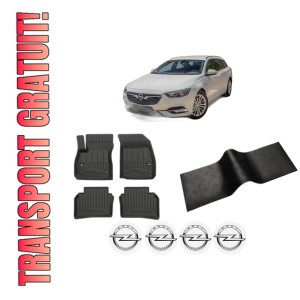 Set 5 covorase auto OPEL INSIGNIA B Country Tourer (Z18) din 2013-2019, cu covoras tunel median, presuri auto din cauciuc, 4x Stickere auto cu OPEL