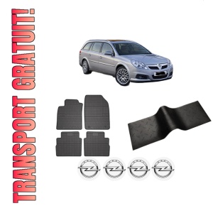 Set 5 covorase auto OPEL VECTRA C Estate (Z02) din 2019-2023, cu covoras tunel median, presuri auto din cauciuc, 4x Stickere auto cu OPEL