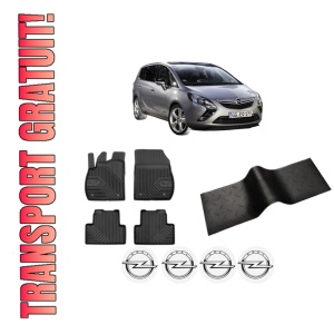 Set 5 covorase auto OPEL ZAFIRA TOURER C (P12) din 2016-2019, cu covoras tunel median, presuri auto din cauciuc, 4x Stickere auto cu OPEL