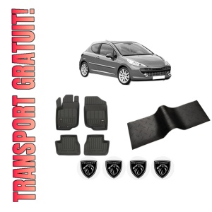 Set 5 covorase auto PEUGEOT 207 (WA_, WC_) din 2004-2013, cu covoras tunel median, presuri auto din cauciuc, 4x Stickere auto cu PEUGEOT