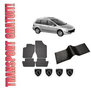 Set 5 covorase auto PEUGEOT 307 SW (3H) din 2011-2018, cu covoras tunel median, presuri auto din cauciuc, 4x Stickere auto cu PEUGEOT