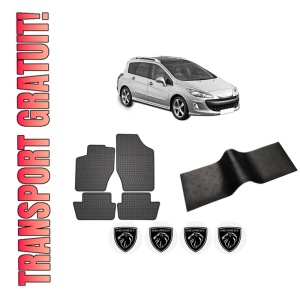 Set 5 covorase auto PEUGEOT 308 SW I (4E_, 4H_) din 2015-2023, cu covoras tunel median, presuri auto din cauciuc, 4x Stickere auto cu PEUGEOT