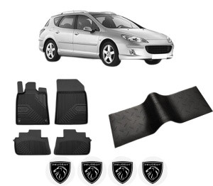 Set 5 covorase auto PEUGEOT 407 SW (6E_, 6D_) din 2019-2024, cu covoras tunel median, presuri auto din cauciuc, 4x Stickere auto cu PEUGEOT - Img 2