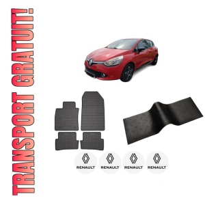 Set 5 covorase auto RENAULT CLIO IV (BH_) din 2015-2020, cu covoras tunel median, presuri auto din cauciuc, 4x Stickere auto cu RENAULT