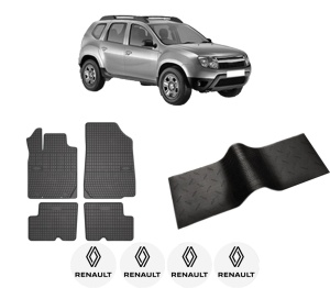 Set 5 covorase auto RENAULT DUSTER (HS_) din 2010-2018, cu covoras tunel median, presuri auto din cauciuc, 4x Stickere auto cu RENAULT - Img 2