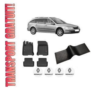 Set 5 covorase auto RENAULT LAGUNA II Grandtour (KG0/1_) din 2008-2018, cu covoras tunel median, presuri auto din cauciuc, 4x Stickere auto cu RENAULT