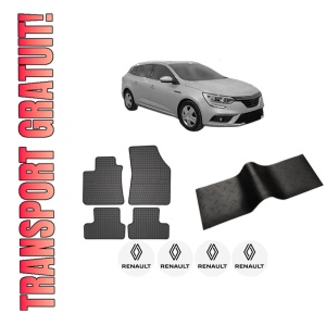 Set 5 covorase auto RENAULT MEGANE IV Grandtour (K9A/M/N_) din 2006-2014, cu covoras tunel median, presuri auto din cauciuc, 4x Stickere auto cu RENAULT