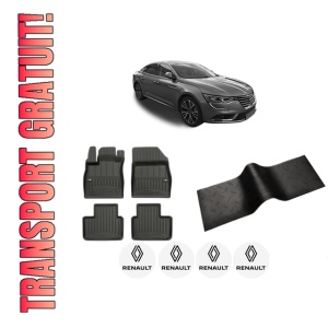 Set 5 covorase auto RENAULT TALISMAN din 2004-2011, cu covoras tunel median, presuri auto din cauciuc, 4x Stickere auto cu RENAULT