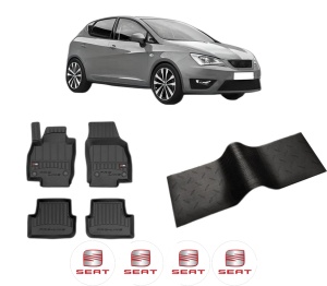 Set 5 covorase auto SEAT IBIZA V (KJ1, KJG) din 2008-2015, cu covoras tunel median, presuri auto din cauciuc, 4x Stickere auto cu SEAT - Img 2