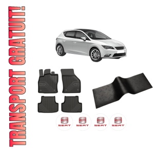 Set 5 covorase auto SEAT LEON (5F1) din 2004-2011, cu covoras tunel median, presuri auto din cauciuc, 4x Stickere auto cu SEAT