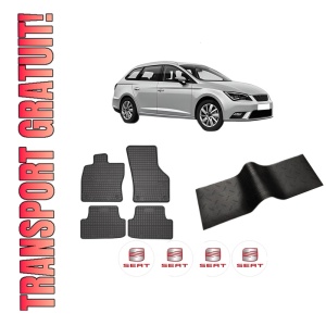 Set 5 covorase auto SEAT LEON ST (5F8) din 2011-2018, cu covoras tunel median, presuri auto din cauciuc, 4x Stickere auto cu SEAT