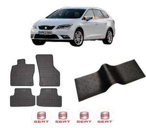 Set 5 covorase auto SEAT LEON ST Estate Van (5F8) din 2013-2019, cu covoras tunel median, presuri auto din cauciuc, 4x Stickere auto cu SEAT - Img 2