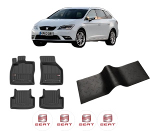Set 5 covorase auto SEAT LEON ST Estate Van (5F8) din 2013-2019, cu covoras tunel median, presuri auto din cauciuc, 4x Stickere auto cu SEAT - Img 2