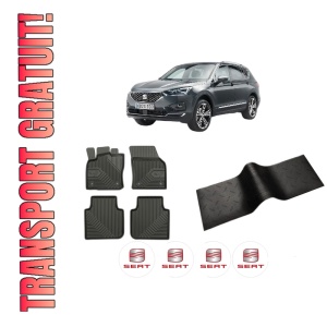 Set 5 covorase auto SEAT TARRACO (KN2) din 2012-2019, cu covoras tunel median, presuri auto din cauciuc, 4x Stickere auto cu SEAT