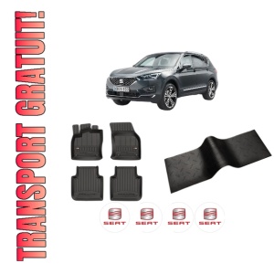Set 5 covorase auto SEAT TARRACO (KN2) din 2012-2019, cu covoras tunel median, presuri auto din cauciuc, 4x Stickere auto cu SEAT