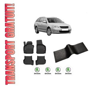 Set 5 covorase auto SKODA Octavia II Combi (1Z5) din 2004-2013, cu covoras tunel median, presuri auto din cauciuc, 4x Stickere auto cu SKODA