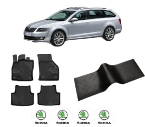 Set 5 covorase auto SKODA Octavia III Combi (5E5, 5E6) din 2015-2022, cu covoras tunel median, presuri auto din cauciuc, 4x Stickere auto cu SKODA - Img 2