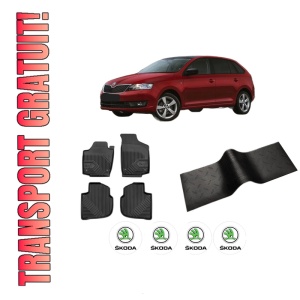Set 5 covorase auto SKODA RAPID Spaceback (NH1) din 2013-2019, cu covoras tunel median, presuri auto din cauciuc, 4x Stickere auto cu SKODA