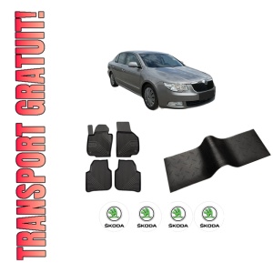 Set 5 covorase auto SKODA SUPERB II (3T4) din 2016-2023, cu covoras tunel median, presuri auto din cauciuc, 4x Stickere auto cu SKODA