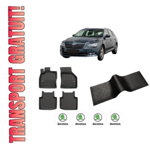 Set 5 covorase auto SKODA SUPERB III Estate (3V5) din 2019-2021, cu covoras tunel median, presuri auto din cauciuc, 4x Stickere auto cu SKODA