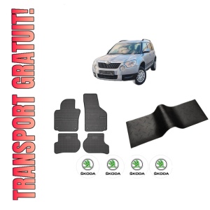 Set 5 covorase auto SKODA YETI (5L) din 2004-2013, cu covoras tunel median, presuri auto din cauciuc, 4x Stickere auto cu SKODA