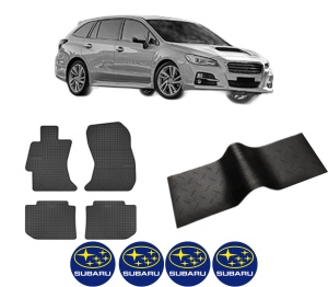 Set 5 covorase auto SUBARU LEVORG din 2007-2015, cu covoras tunel median, presuri auto din cauciuc, 4x Stickere auto cu SUBARU - Img 2