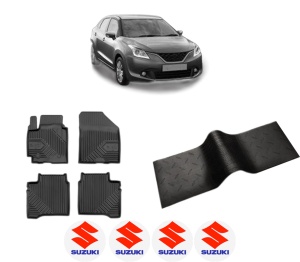 Set 5 covorase auto SUZUKI BALENO (FW, EW) din 2013-2018, cu covoras tunel median, presuri auto din cauciuc, 4x Stickere auto cu SUZUKI - Img 2