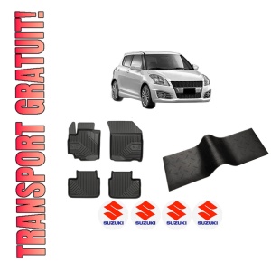 Set 5 covorase auto SUZUKI SWIFT IV (FZ, NZ) din 2009-2015, cu covoras tunel median, presuri auto din cauciuc, 4x Stickere auto cu SUZUKI