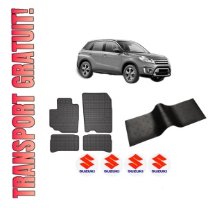 Set 5 covorase auto SUZUKI VITARA (LY) din 2016-2021, cu covoras tunel median, presuri auto din cauciuc, 4x Stickere auto cu SUZUKI