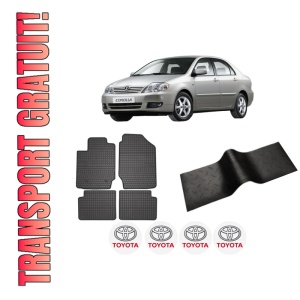 Set 5 covorase auto TOYOTA COROLLA Saloon (_E12_) din 2014-2019, cu covoras tunel median, presuri auto din cauciuc, 4x Stickere auto cu TOYOTA