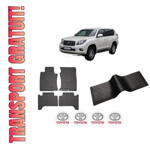 Set 5 covorase auto TOYOTA LAND CRUISER VAN (_J15_) din 2015-2016, cu covoras tunel median, presuri auto din cauciuc, 4x Stickere auto cu TOYOTA