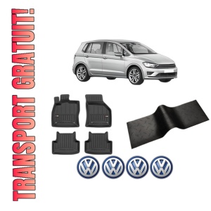 Set 5 covorase auto Volkswagen GOLF SPORTSVAN VII (AM1, AN1) din 2003-2012, cu covoras tunel median, presuri auto din cauciuc, 4x Stickere auto cu Volkswagen