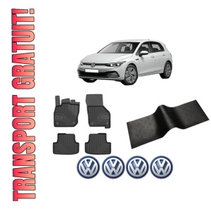 Set 5 covorase auto Volkswagen GOLF VIII (CD1, DA1) din 2007-2015, cu covoras tunel median, presuri auto din cauciuc, 4x Stickere auto cu Volkswagen