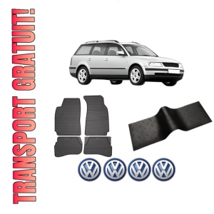 Set 5 covorase auto Volkswagen PASSAT B5 Variant (3B5) din 2019-2020, cu covoras tunel median, presuri auto din cauciuc, 4x Stickere auto cu Volkswagen