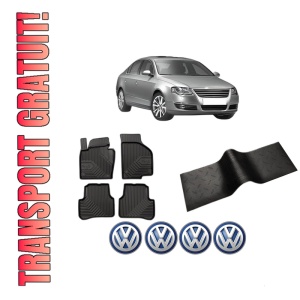 Set 5 covorase auto Volkswagen PASSAT B6 (3C2) din 2016-2020, cu covoras tunel median, presuri auto din cauciuc, 4x Stickere auto cu Volkswagen