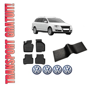 Set 5 covorase auto Volkswagen PASSAT B6 Variant (3C5) din 2016-2021, cu covoras tunel median, presuri auto din cauciuc, 4x Stickere auto cu Volkswagen