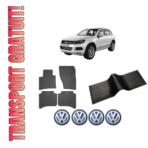 Set 5 covorase auto Volkswagen TOUAREG VAN (7P5) din 2007-2015, cu covoras tunel median, presuri auto din cauciuc, 4x Stickere auto cu Volkswagen