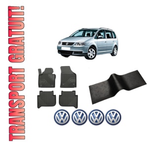 Set 5 covorase auto Volkswagen TOURAN (1T1, 1T2) din 2015-2018, cu covoras tunel median, presuri auto din cauciuc, 4x Stickere auto cu Volkswagen