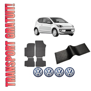 Set 5 covorase auto Volkswagen UP! (121, 122, BL1, BL2, BL3, 123) din 2007-2015, cu covoras tunel median, presuri auto din cauciuc, 4x Stickere auto cu Volkswagen
