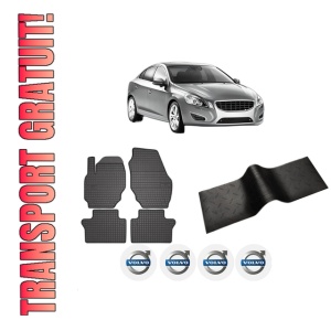 Set 5 covorase auto VOLVO S60 II (134) din 2012-2018, cu covoras tunel median, presuri auto din cauciuc, 4x Stickere auto cu VOLVO