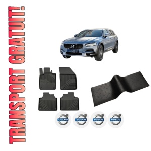 Set 5 covorase auto VOLVO V90 II Cross Country (236) din 2006-2014, cu covoras tunel median, presuri auto din cauciuc, 4x Stickere auto cu VOLVO