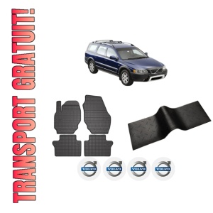 Set 5 covorase auto VOLVO XC70 II (136) din 2014-2018, cu covoras tunel median, presuri auto din cauciuc, 4x Stickere auto cu VOLVO