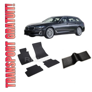Set 5 covorase BMW SERIA 5 G31 PHEV din 03.2017-09.2023, cu covoras tunel median, CAROSERIE COMBI, Presuri cauciuc 100%, compatibil cu autoturismul BMW SERIA 5 G31 PHEV, Rigum