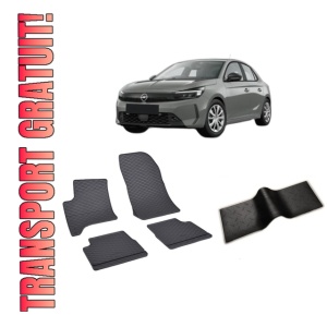 Set 5 covorase OPEL CORSA F HYBRID din 02.2024-PREZENT, cu covoras tunel median, CAROSERIE HATCHBACK, Presuri cauciuc 100%, compatibil cu autoturismul OPEL CORSA F HYBRID, Rigum