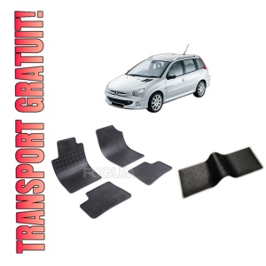 Set 5 covorase PEUGEOT 206 din 2002-2007, cu covoras tunel median, CAROSERIE COMBI, Presuri cauciuc 100%, compatibil cu autoturismul PEUGEOT 206, Rigum