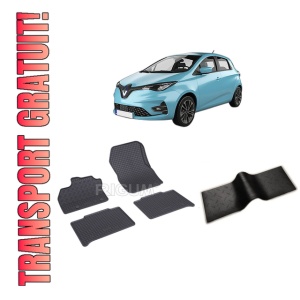 Set 5 covorase RENAULT ZOE din 06.2019-PREZENT, cu covoras tunel median, CAROSERIE HATCHBACK FACELIFT, Presuri cauciuc 100%, compatibil cu autoturismul RENAULT ZOE, Rigum