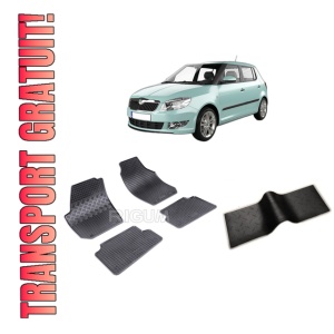 Set 5 covorase SKODA FABIA II din 03.2007-10.2014, cu covoras tunel median, CAROSERIE HATCHBACK, Presuri cauciuc 100%, compatibil cu autoturismul SKODA FABIA II, Rigum